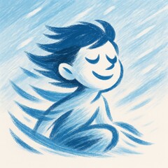 Peaceful figure in flowing blue wind brushstroke