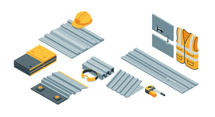 Isometric construction tools and materials set with safety gear and metal sheets