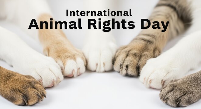 A variety of cat and dog paws together for International Animal Rights Day. Animal welfare, protection, and unity concept on a white background