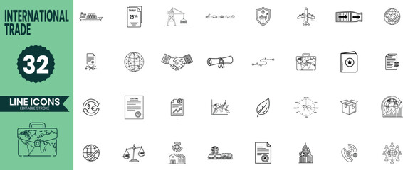 International Trade Line Icons Set – Global Business, Import Export, and Logistics Outline Vector