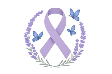 Fototapeta premium Purple ribbon symbol of awareness, surrounded by lavender flowers and butterflies. Transparent background
