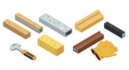 Set of construction and repair tools with metal and wooden beams in 3d style
