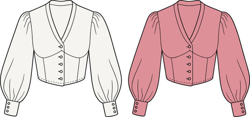 Elegant vintage blouses illustration, fashionable women&rsquo;s button-up tops with puff sleeves, classic V-neck design, stylish feminine clothing vector art