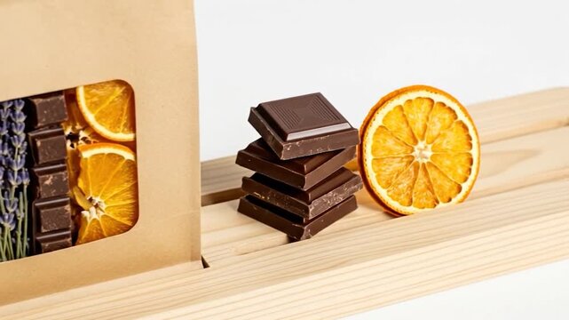 Craft paper package with transparent window displaying coffee beans lavender sprigs chocolate bars and dried orange slices on wooden surface