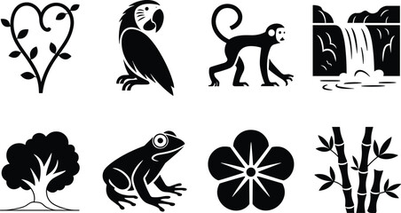 Tropical jungle silhouette vector collection featuring parrot, monkey, frog, bamboo, tree, waterfall, heart plant, and flower design for nature, wildlife, and decoration themes