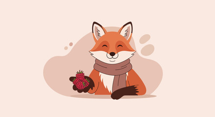 Obraz premium A Friendly Fox Adorned in a Scarf, Presenting Fresh Berries in a Warm Illustration