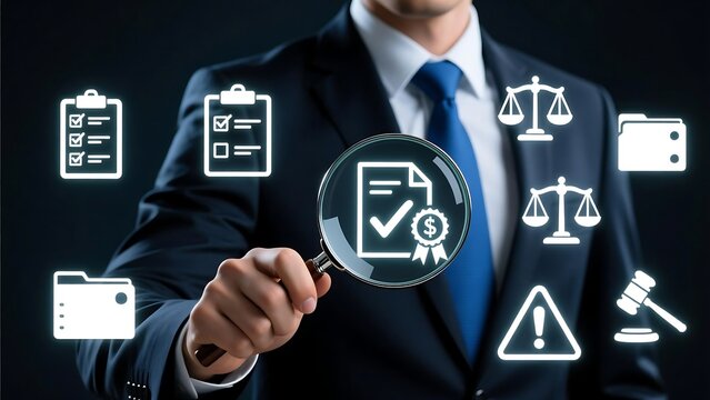 Legal compliance due diligence concept with businessman examining documents and regulations using magnifying glass