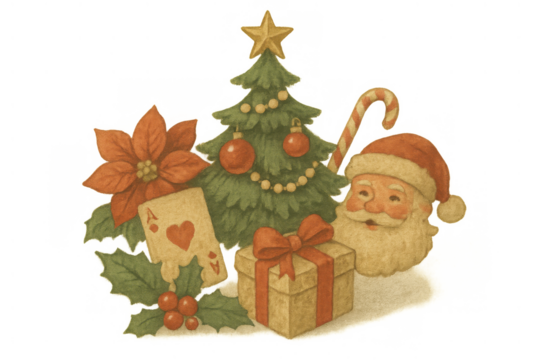 Santa claus, christmas tree, gift and poinsettia creating a festive holiday greeting card design, transparent background