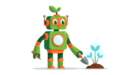 Obraz premium A Friendly Robot Carefully Cultivates a Young Plant Amidst a White Background