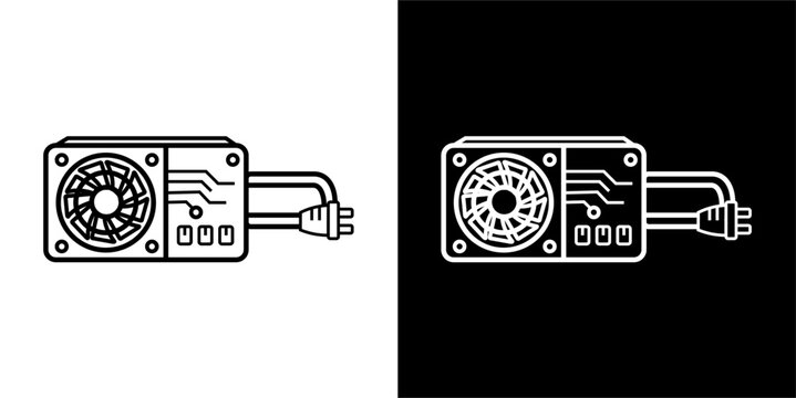 Flat line vector icon of a computer Power Supply Unit (PSU) with cables, minimalist style, black stroke, white background.