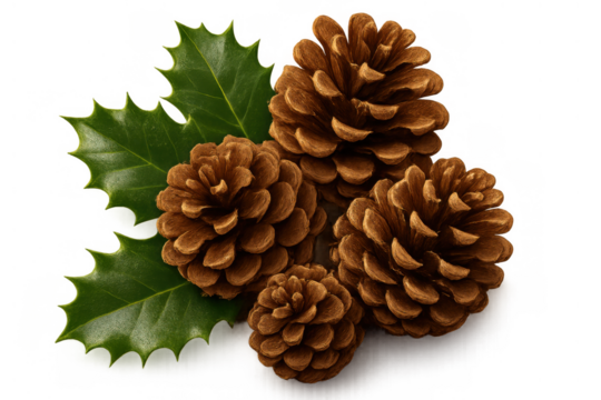Pine cones and green holly leaves cluster, representing winter holidays and natural seasonal decoration, transparent background