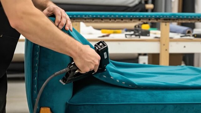 Craftsperson attaching fabric to furniture frame using professional stapler tool in workshop interior