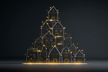 Fototapeta premium Christmas tree made of outlines of houses with yellow lights on. Flat style and minimalism. Houses stand on top of each other 