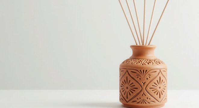Terracotta aroma diffuser featuring carved decorative patterns sits against a light background