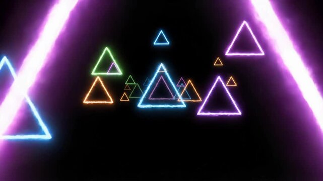 Abstract Neon Triangles Glowing and Moving on a Dark Background Futuristic Digital Art