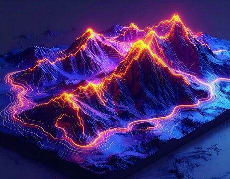 A 3D landscape depicts glowing orange trails traversing through purple mountain ranges against a dark, futuristic ambiance - Powered by Adobe