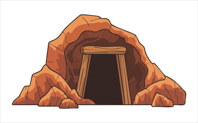 cartoon mine entrance with wooden beams and tracks vector art isolated on white background