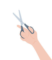 Female hand holding stationery scissors, isolated on white background. Flat vector illustration