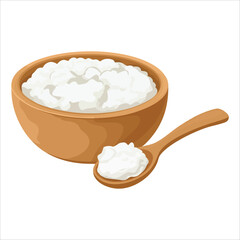 fresh cottage cheese in plate with spoon vector art isolated on white background