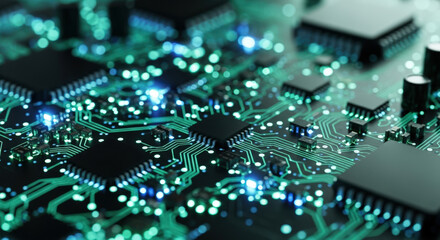 Fototapeta premium Circuit Board Close-Up High-Tech Motherboard with Integrated Components and Glowing Lights A Detailed View of Modern Electronics and Computer Technology