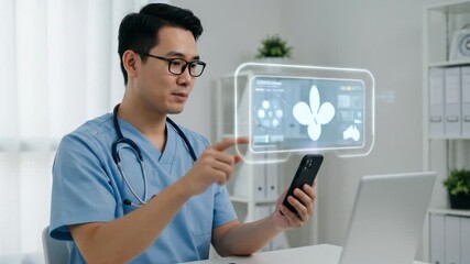 A doctor in scrubs, wearing glasses, interacts with holographic medical data on his phone in a modern office - Powered by Adobe