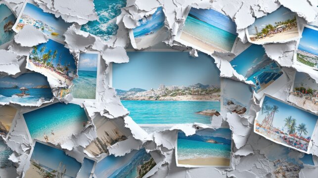 torn paper reveals tropical beach scenes