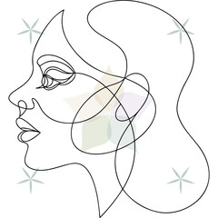Continuous line drawing a woman's profile with flowing hair face head abstract beauty single lineart