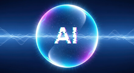 Artificial Intelligence Sphere A Futuristic Digital Orb with Glitching AI Text and Wavy Lines Against a Deep Blue Backdrop Representing Technological Innovation