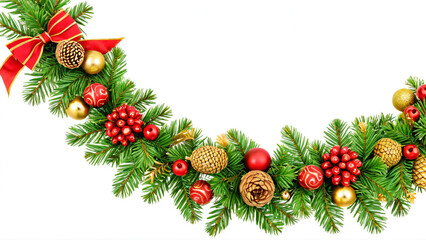 Weihnachtsgirlande mit roter Schleifen und gold-roten Kugeln isoliert auf wei&szlig;em Hintergrund