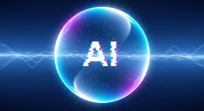 Artificial Intelligence Sphere A Futuristic Digital Orb with Glitching AI Text and Wavy Lines Against a Deep Blue Backdrop Representing Technological Innovation