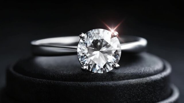 Close-up of a solitaire diamond engagement ring on a black velvet jewelry box