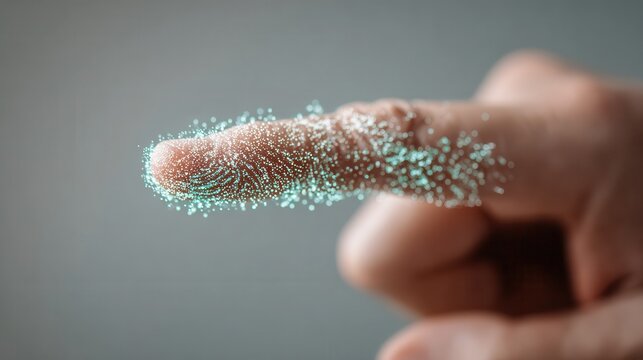 A finger adorned with glowing particles, symbolizing connection, technology, or creativity, set against a soft-focus background.