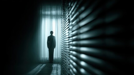 Obraz premium A shadowy figure stands in a dimly lit corridor, framed by curtains and a textured wall, creating a mysterious and atmospheric scene.