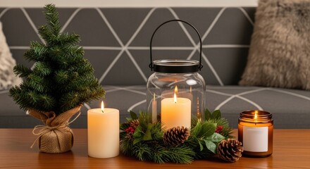 Burning Candles with a Christmas Tree and Pinecones on Wooden Table and Gray Sofa