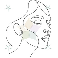 Woman's face with closed eyes in profile minimalist line art with pastel accents abstract beauty single lineart