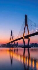 Obraz premium Cablestayed Bridge Over River, Night Illumination, Dusk Sky, City Skyline Reflection