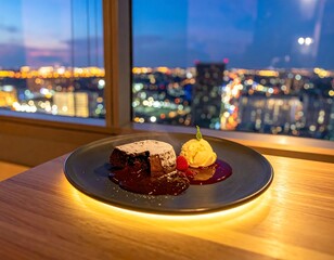 Gourmet dessert plate with chocolate cake and ice cream against city lights
