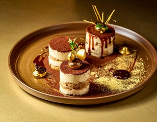 Gourmet dessert arrangement with chocolate drizzle and decorative elements