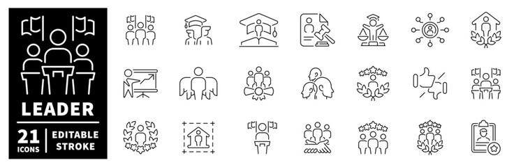 Leader icons set. editable line icons of teamwork, management, and success symbols