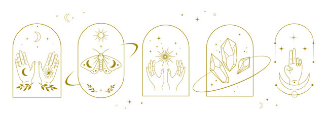 Boho Minimalist signs icons emblems with female hands, crystals, stars, mystical elements set. Mystic Symbols for tarot,apps, branding, wellness packaging, bohemian decor, esoteric merchandise. Vector © Ilonka eva