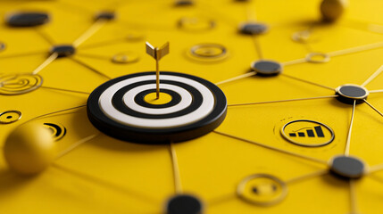 A yellow surface with a target and arrow connected to nodes with icons and spheres