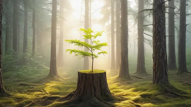 A small sapling growing from an old tree stump in the middle of a misty forest, soft sunlight shining through the fog