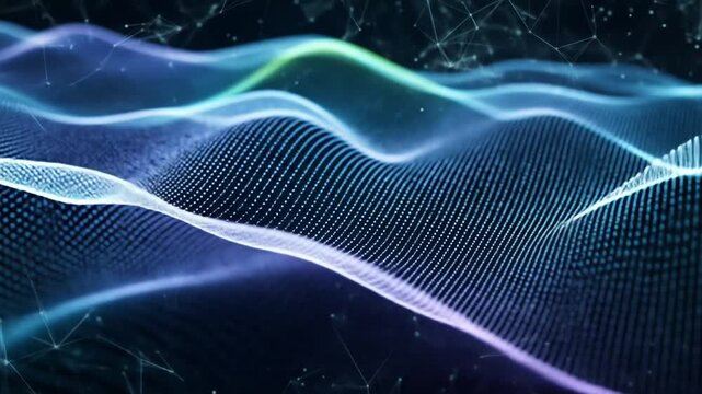 Abstract digital wave pattern with glowing blue and purple dots on a dark background, representing data flow or sound visualization.
