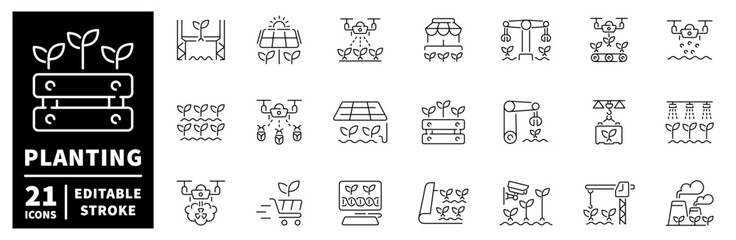 Obraz premium Gardening icons set. editable line icons, outline, plant and growth symbols
