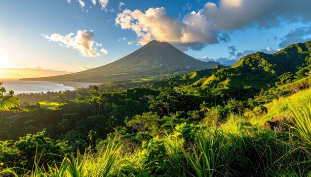 Lush Green Mountain Landscape With Coastal Village At Golden Hour Sunset With Dramatic Clouds And Ocean View