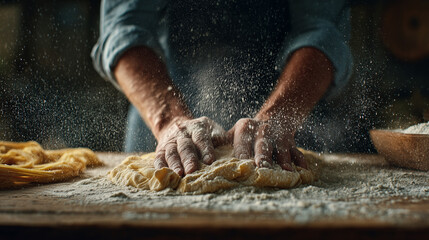 Close-up of baker&rsquo;s hands working with flour and dough on a wooden counter surrounded by baking tools, showing detail and texture in soft light.