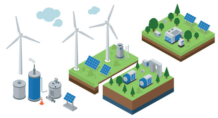 Fototapeta premium Renewable energy concepts with isometric wind turbines and solar panels in sustainable environment