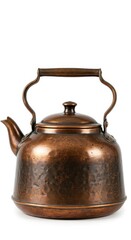 Aged copper kettle with wooden handle rests against a stark white background