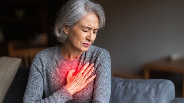 An older woman with gray hair holding her chest in discomfort as a red glow highlights pain near her heart