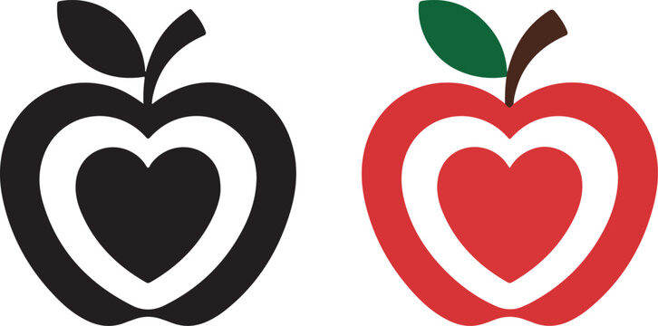 Two stylized apples one black silhouette and one red with a heart shape inside symbolizing love and healthy eating
